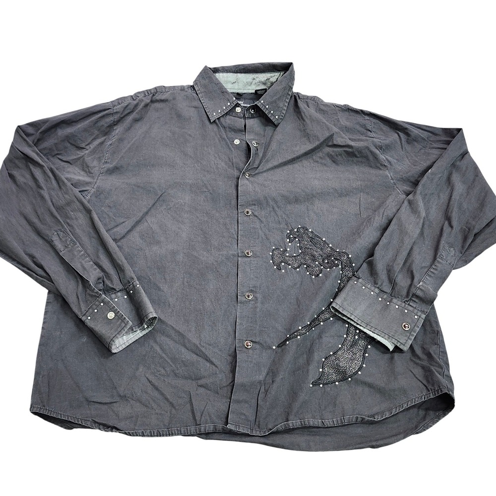 Ramani Collection Mens XL Panther Embellished Studded Button Down Shirt Black